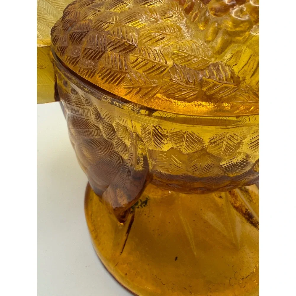 Vintage L.E. Smith Amber Pressed‎ Glass Turkey Candy Dish Lidded Harvest Decor